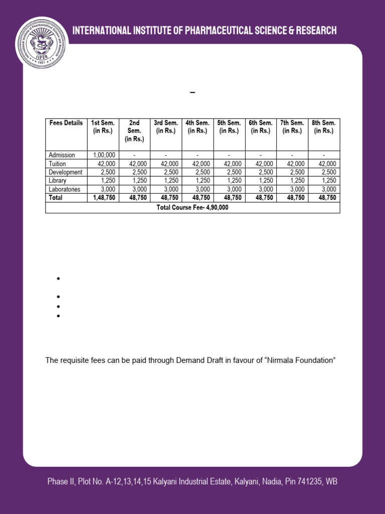 B Pharm Fees Structure (2024-2028) | PDF