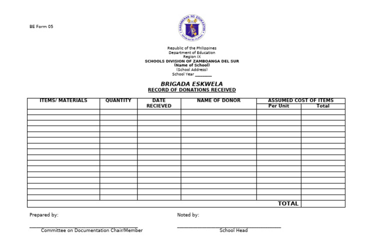 Brigada Eskwela Donation Record Form | PDF