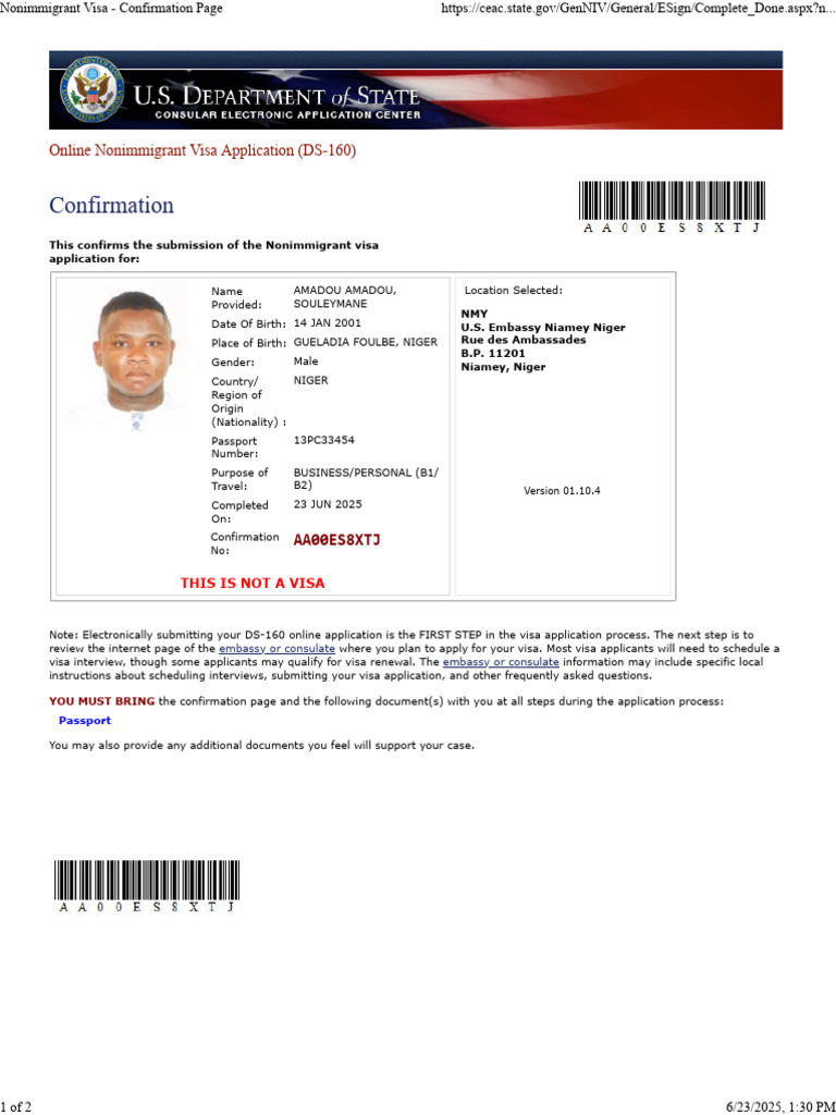 DS-160 Visa Application Confirmation | PDF | Travel Visa | Fingerprint