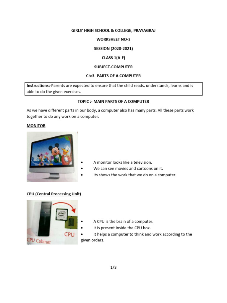 Class 1 Computer Worksheet No 3 | PDF | Computer Keyboard | Central ...