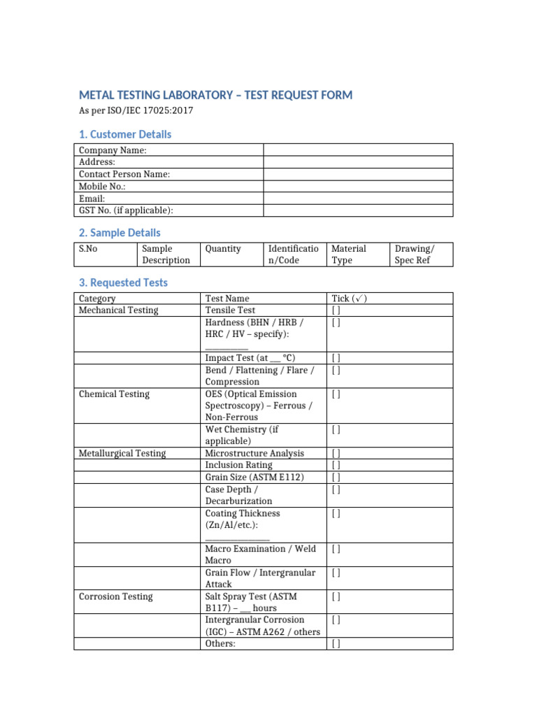Test Request Form With Test Table | PDF | Corrosion | Mechanical ...