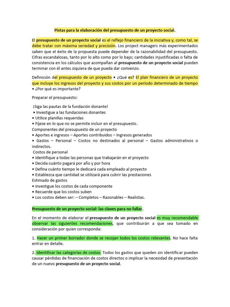 Pistas para La Elaboración Del Presupuesto de Un Proyecto Social | PDF ...
