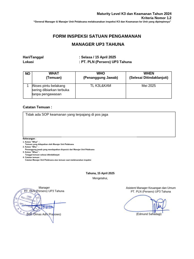 Inspeksi K3 dan Keamanan UP3 Tahuna | PDF