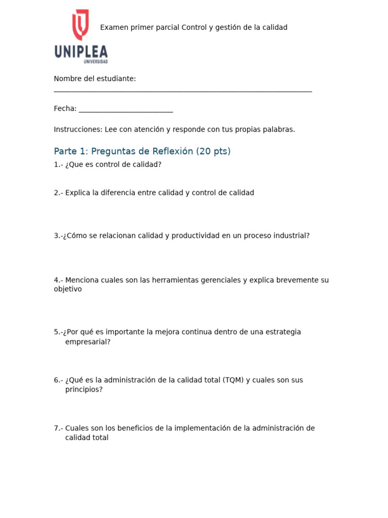 Examen Control y Gestión de Calidad | PDF | Calidad (comercial ...