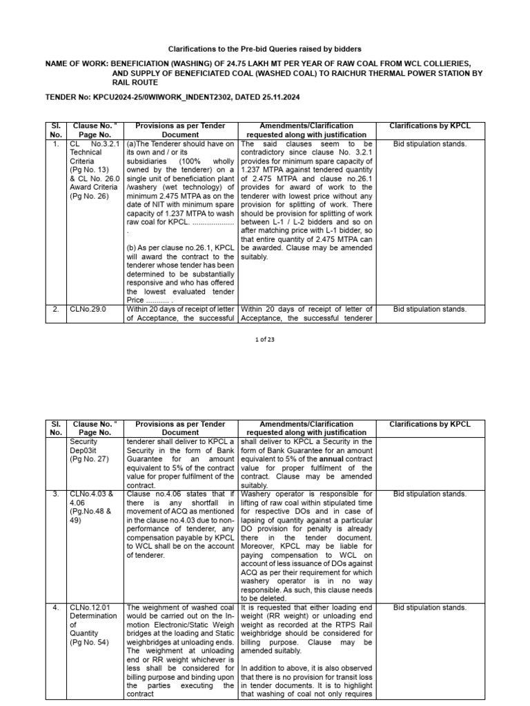 WCL Tender Clarifications Document | PDF | Coal | Joint Venture