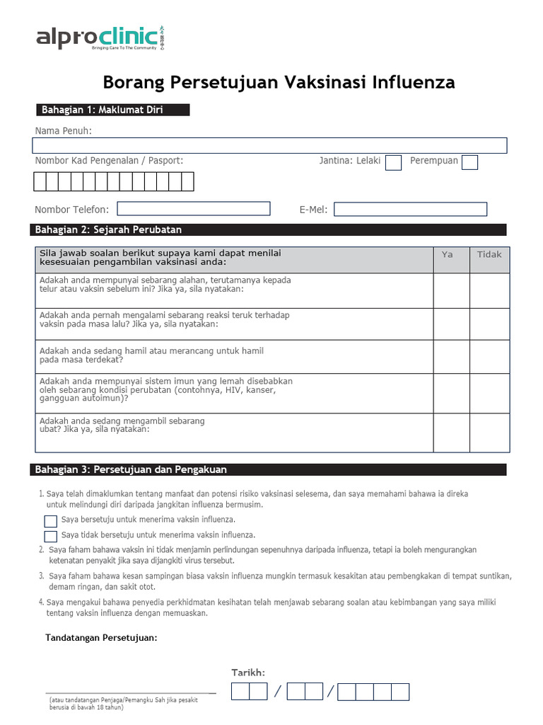 Flu Influenza Consent Form Alpro Clinic (Malay Ver) | PDF