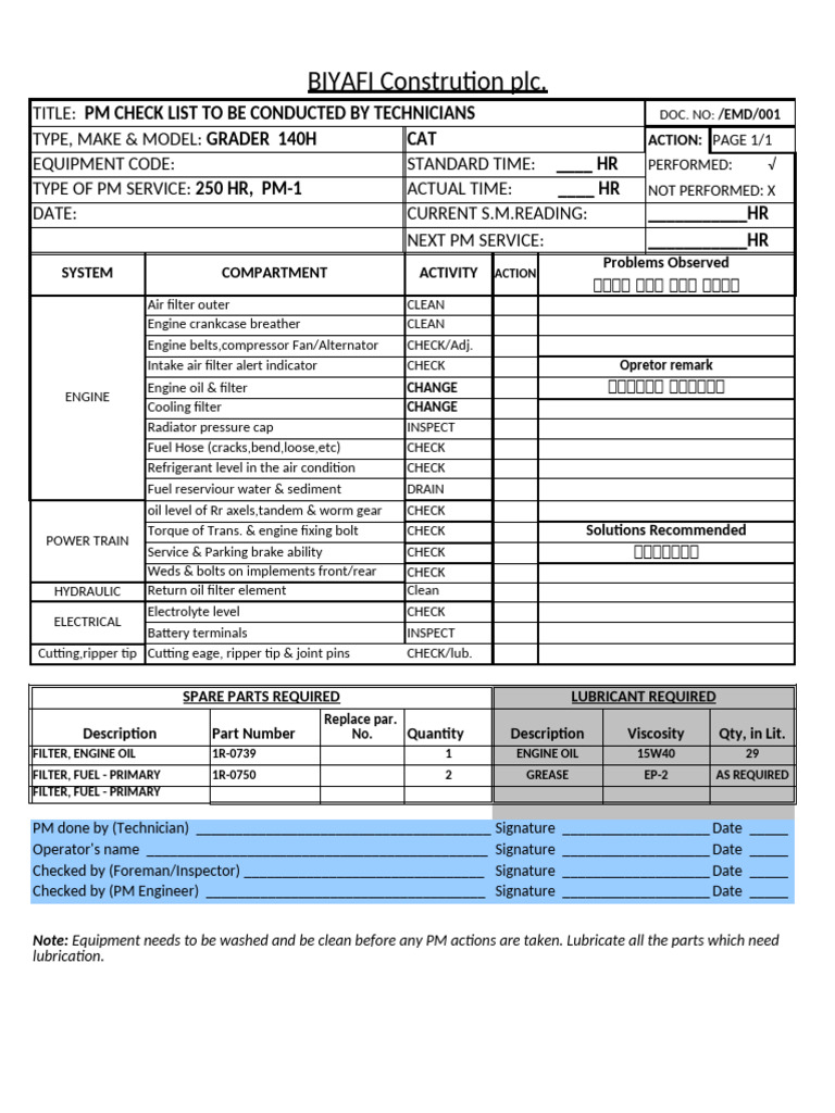 Grader PM Checklist for Technicians | PDF | Motor Oil | Engines