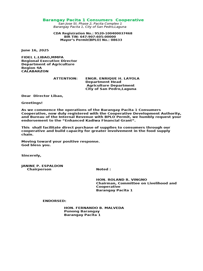 Letter Request To Da Reg4a Grant | PDF