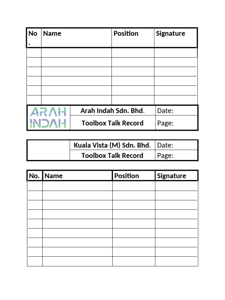 Toolbox talk attendance arah indah kv pdf