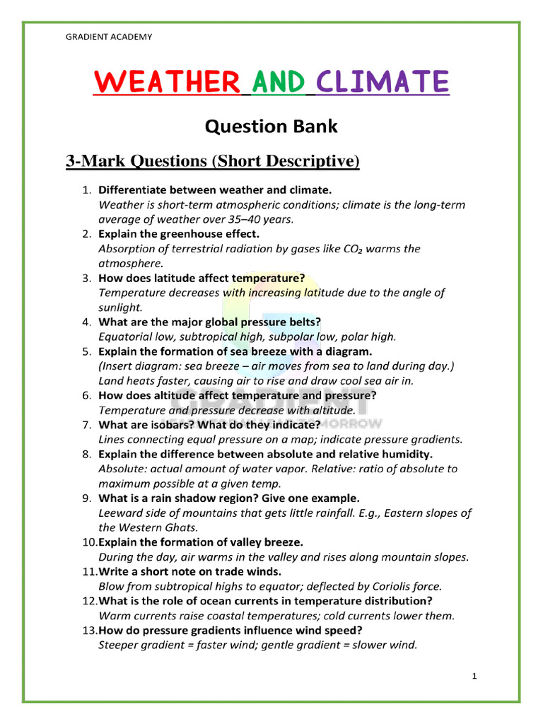 Weather and Climate 3 and 5 Mark Questions | PDF