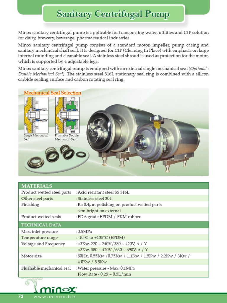 Sanitary Centrifugal Pump Specifications | PDF | Pump | Chemical ...