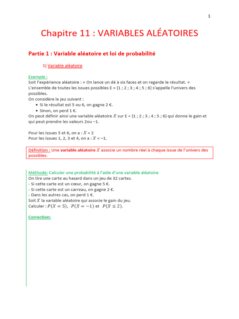 Variables aléatoires et lois de probabilité | PDF | Variable aléatoire ...