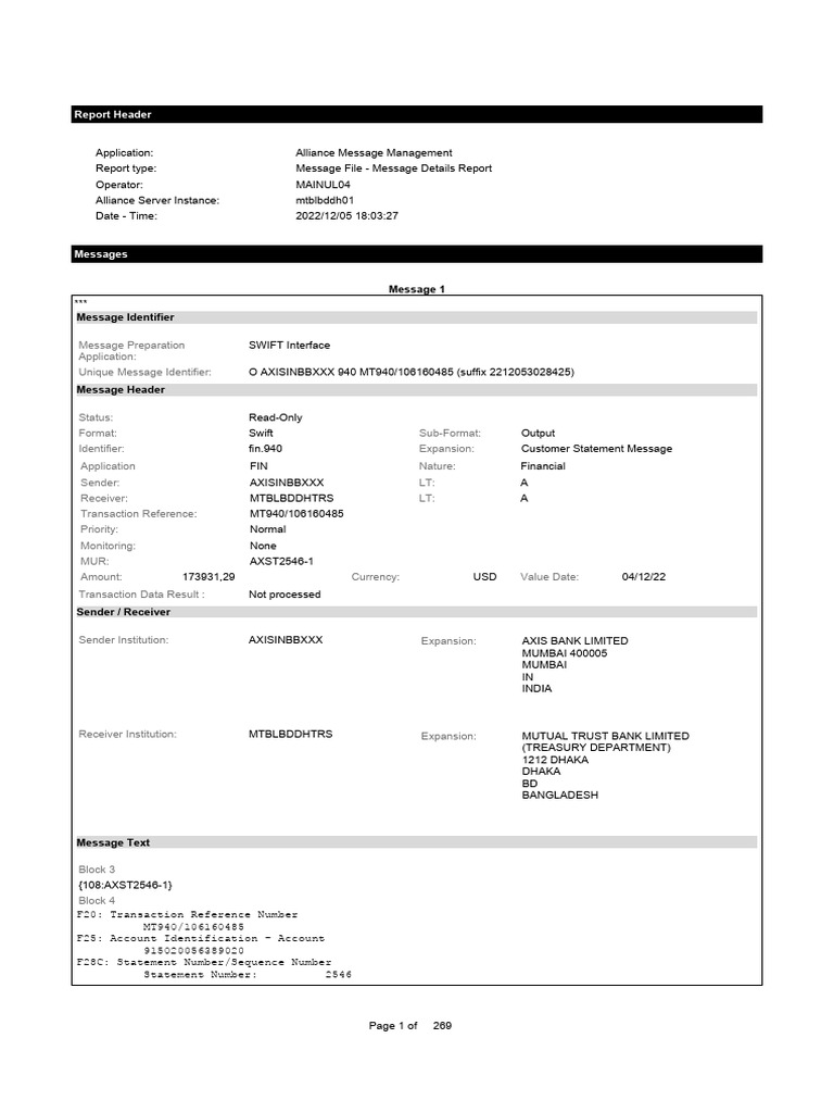 MT940 Message Details for Mutual Trust Bank | PDF | Debits And Credits ...