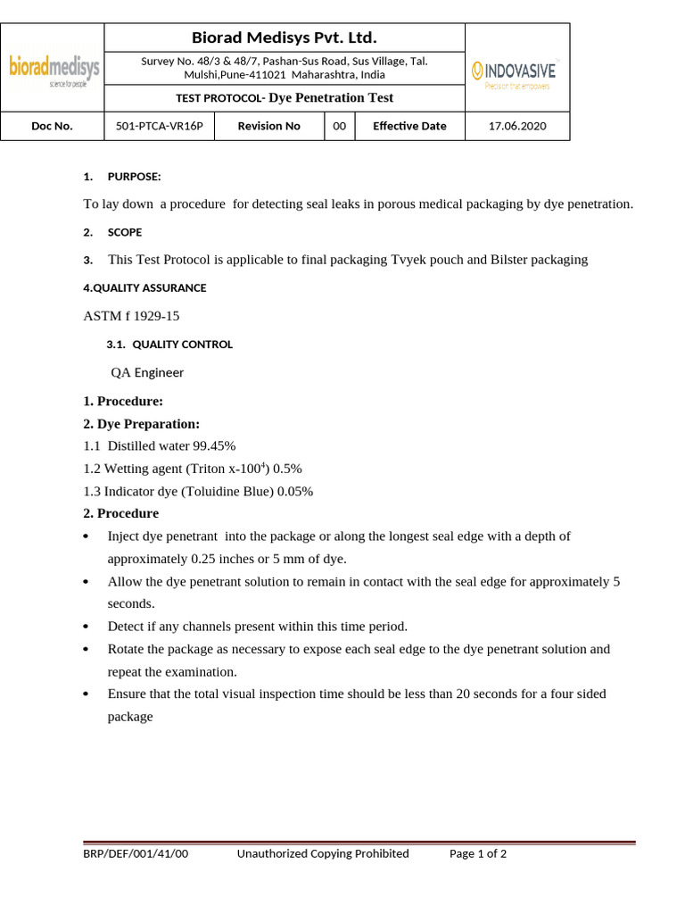 Dye Penetration Test Protocol | PDF