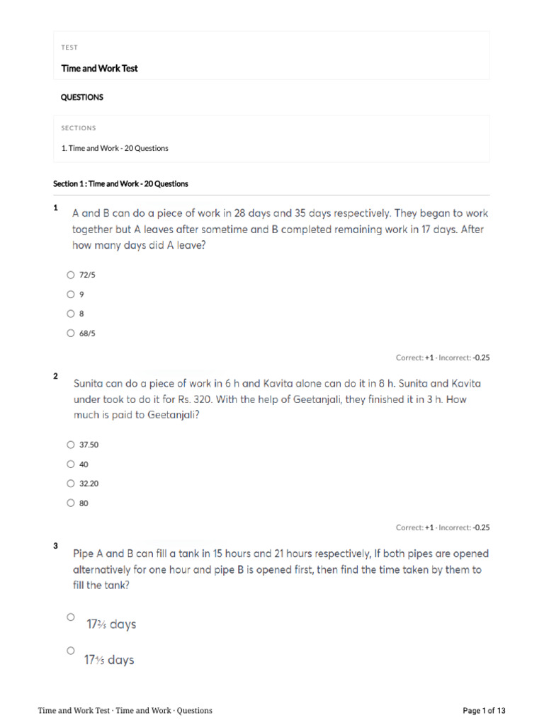 Time and Work Test Questions & Answers | PDF | Tests | Game Shows