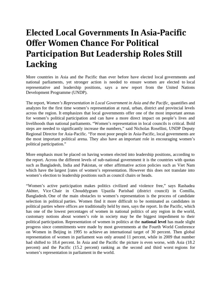 Women's Political Representation in Asia-Pacific | PDF | Electoral ...