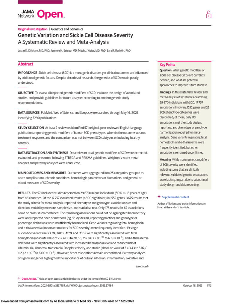 Genetic Variation and Sickle Cell Disease Severity | PDF | Meta ...
