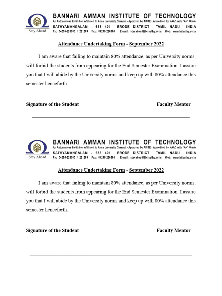 Attendance Undertaking Form - Sep 2022 | PDF