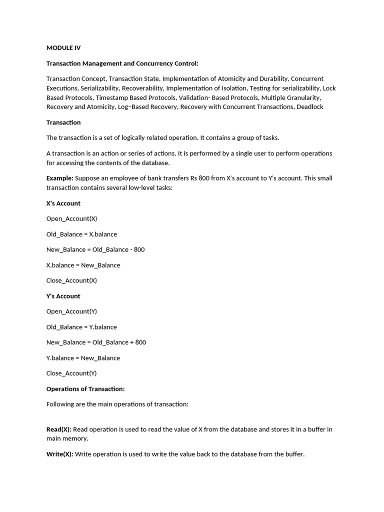 Unit - IV Dbms | PDF | Database Transaction | Databases