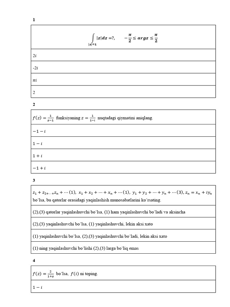 KO'FN Bo'Yicha Test Matematika 3 K 6-Sem. | PDF