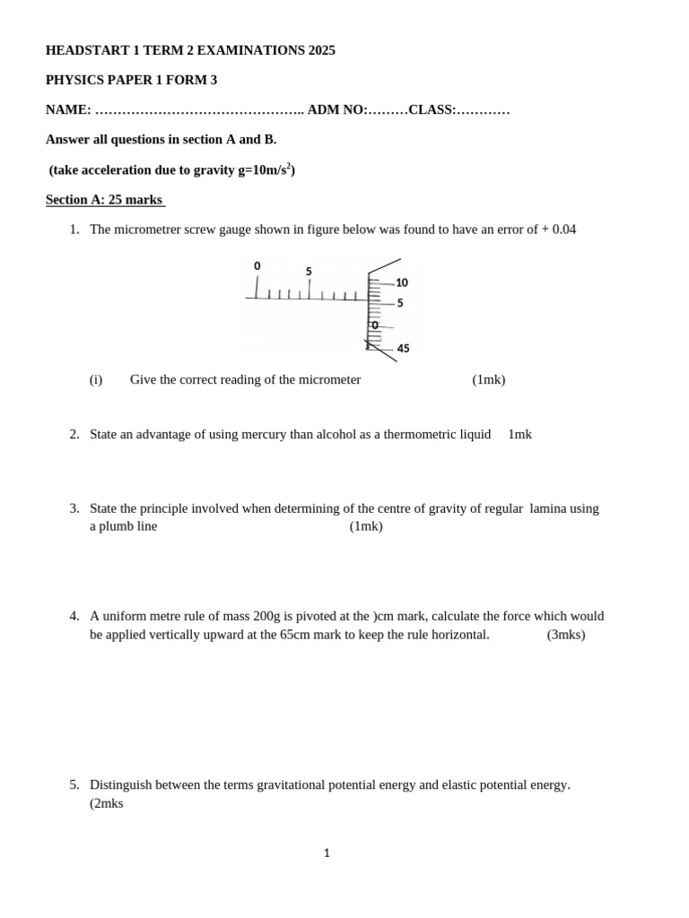 Form 3 Physics Exam Paper 2025 | PDF | Force | Mass