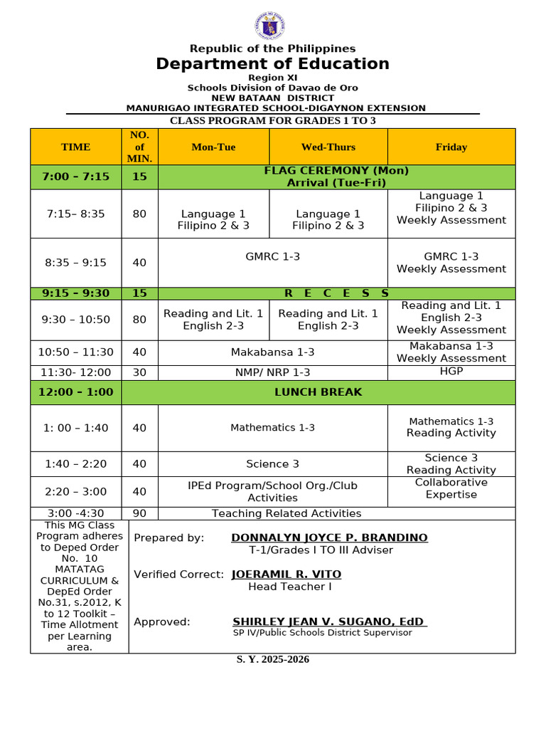 Class Program 2025-2026 Overview | PDF | Pedagogy | Philippines