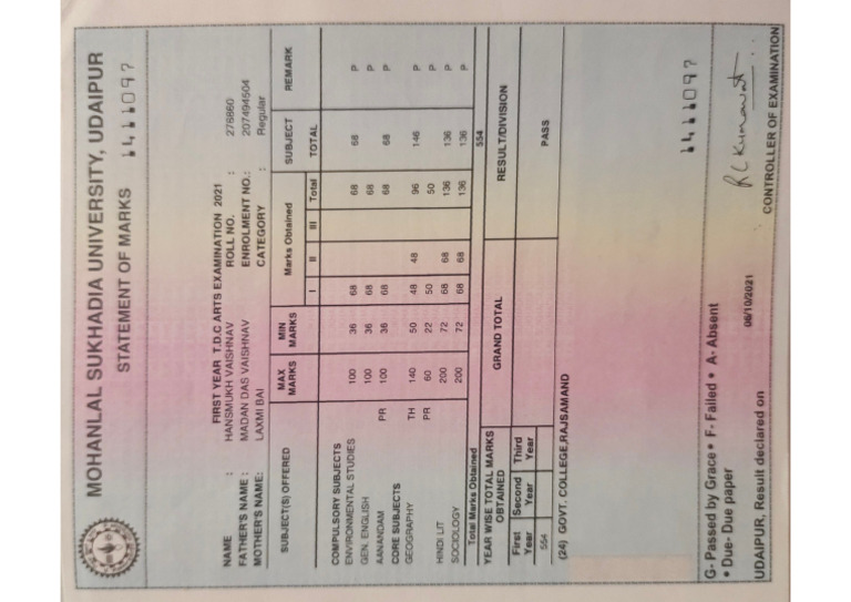 1st Year Marksheet | PDF