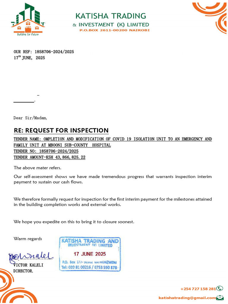 Inspection Request for Mbooni Hospital Unit | PDF