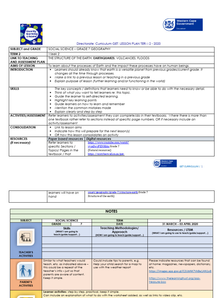 Grade 7 Social Science Term 2 Lesson Plan | PDF | Earthquakes | Plate ...