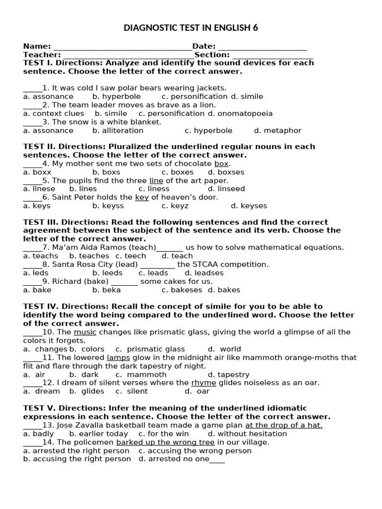 6th Grade English Diagnostic Test | PDF | Pollution | Linguistics