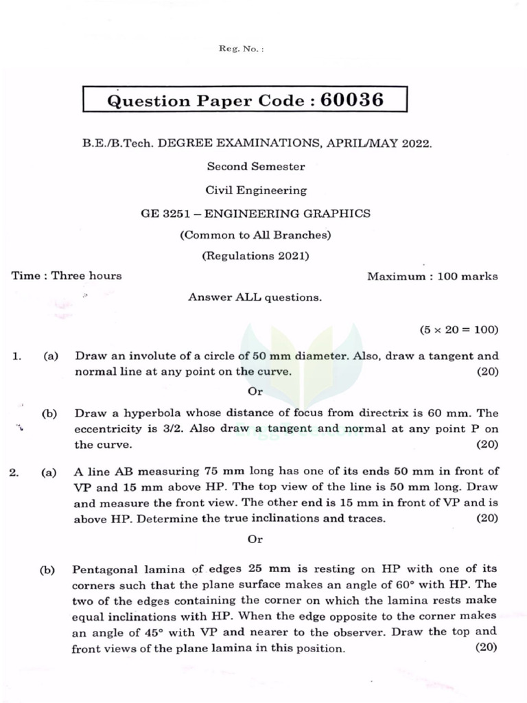 GE3251 Engineering Graphics Apr May 2022 Question Paper Download 1 | PDF