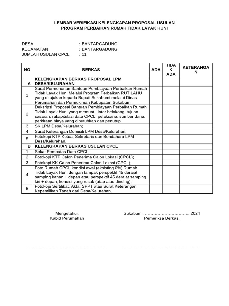 C. Lembar Verifikasi Kelengkapan Proposal Usulan RTLH 2020 | PDF