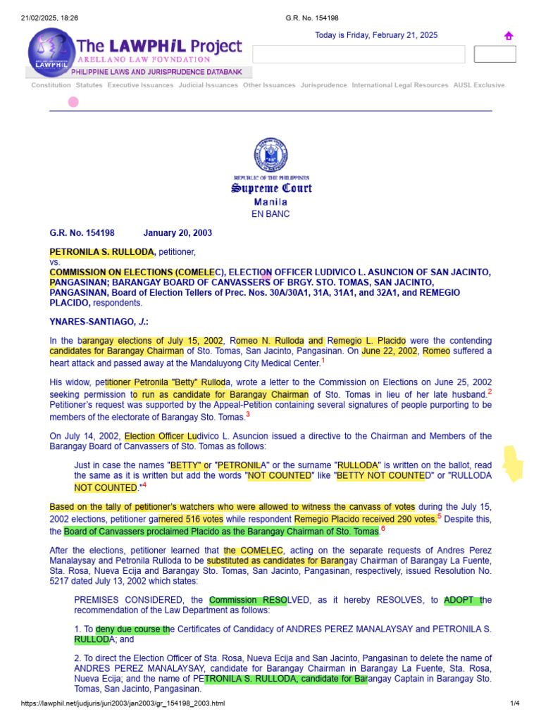 Rulloda vs. COMELEC: Barangay Election Case | PDF | Elections ...