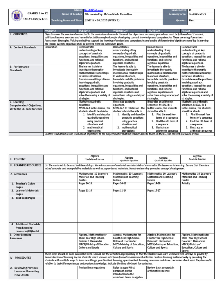Weekly Math Lesson Plan for Grade IX | PDF | Equations | Algebra