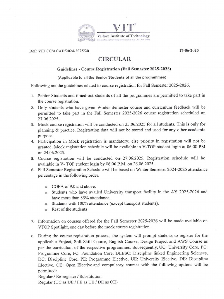 Fall Semester 25-26 Course Registration Guidelines | PDF