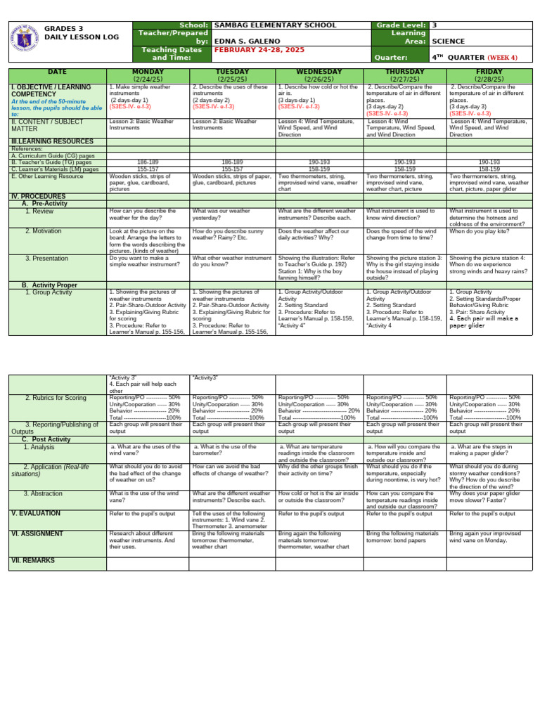 Grade 3 Science Lesson Plan: Weather Instruments | PDF | Thermometer ...