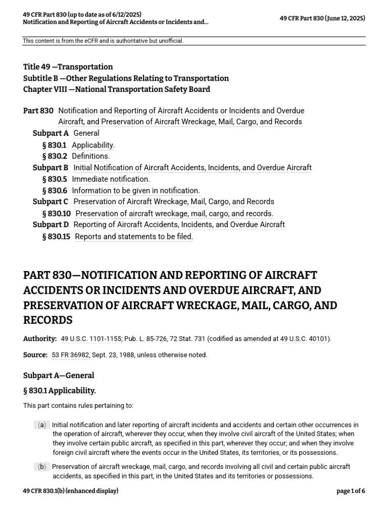 NTSB Part 830: Aircraft Incident Reporting | PDF | Aviation Safety ...