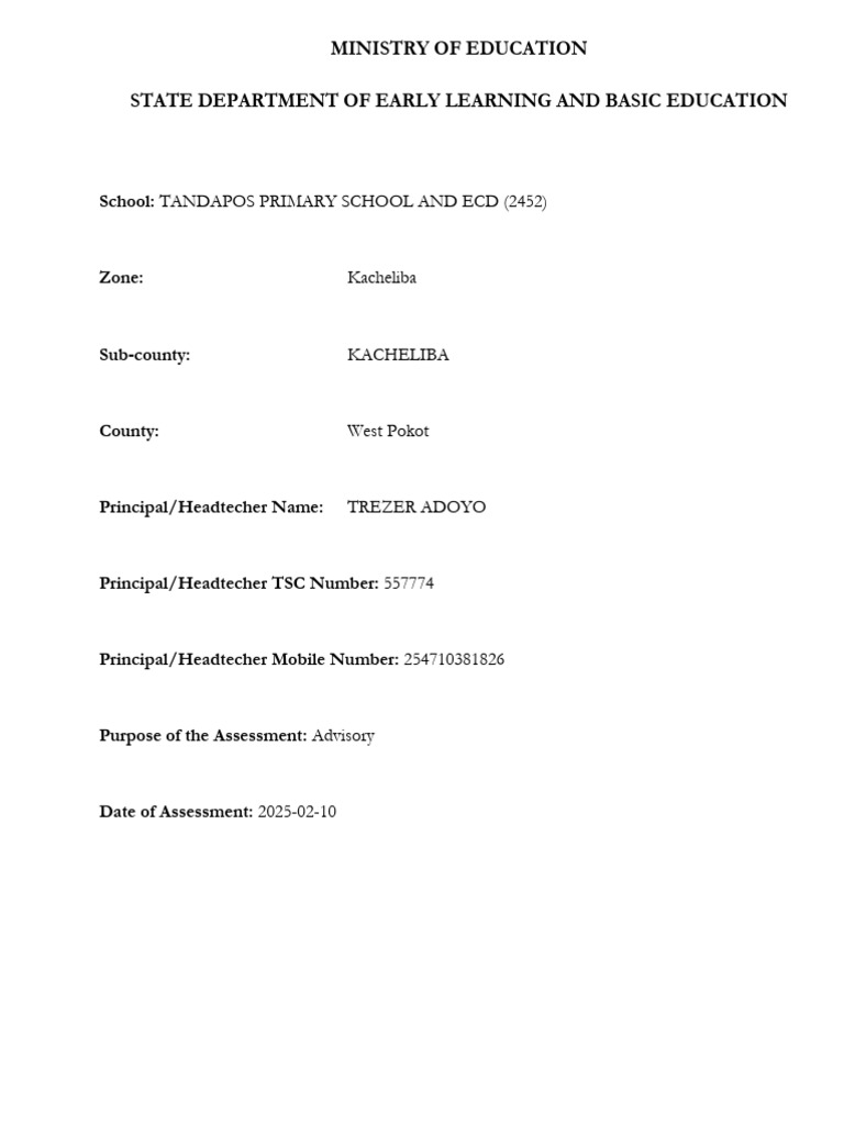 Tandapos Primary School Assessment Report | PDF | Mentorship | Learning