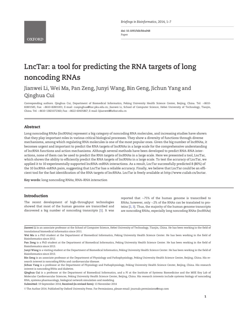 LncTar A Tool For Predicting The RNA Targets of Long Noncoding RNAs ...