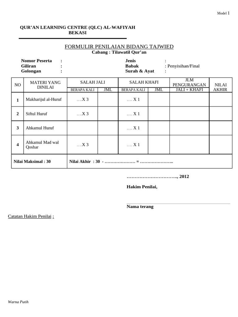 Format Penilaian Tilawah Qur'an | PDF