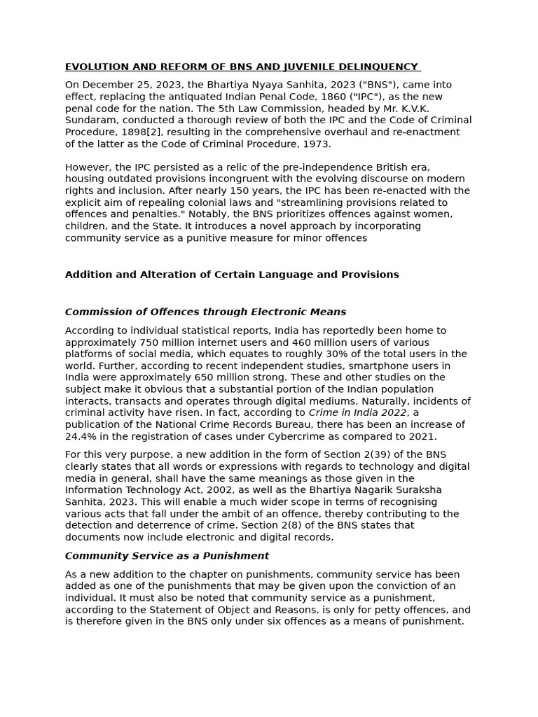 BNS 2023: Key Reforms in Indian Law | PDF | Juvenile Delinquency ...