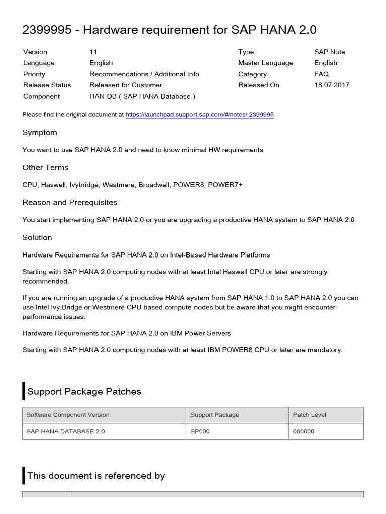 SAP HANA 2.0 Hardware Requirements | PDF | Databases | Computer ...