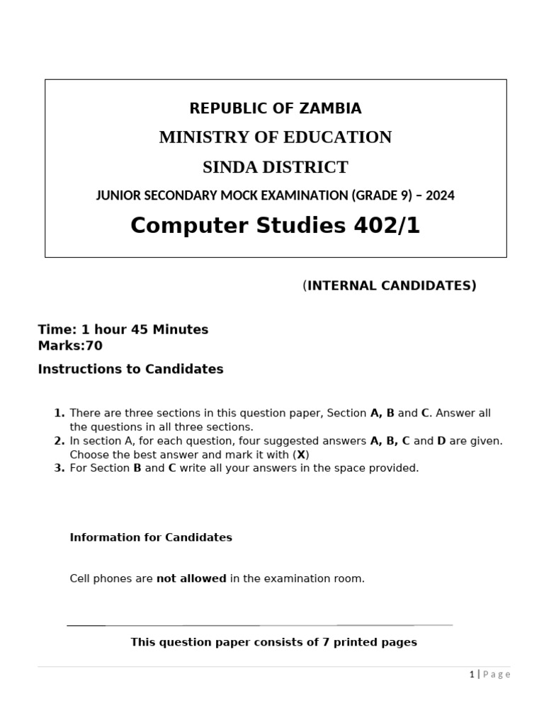 Q Paper Mock Computer Studies G9-2024 | PDF | Printer (Computing ...
