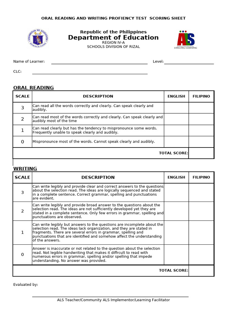 2023 Reading and Writing Profienciency Test and Interview Score Sheet ...