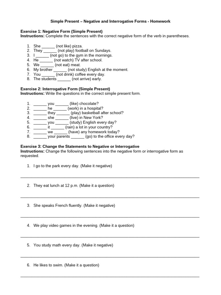 Simple Present Negative & Interrogative Exercises | PDF