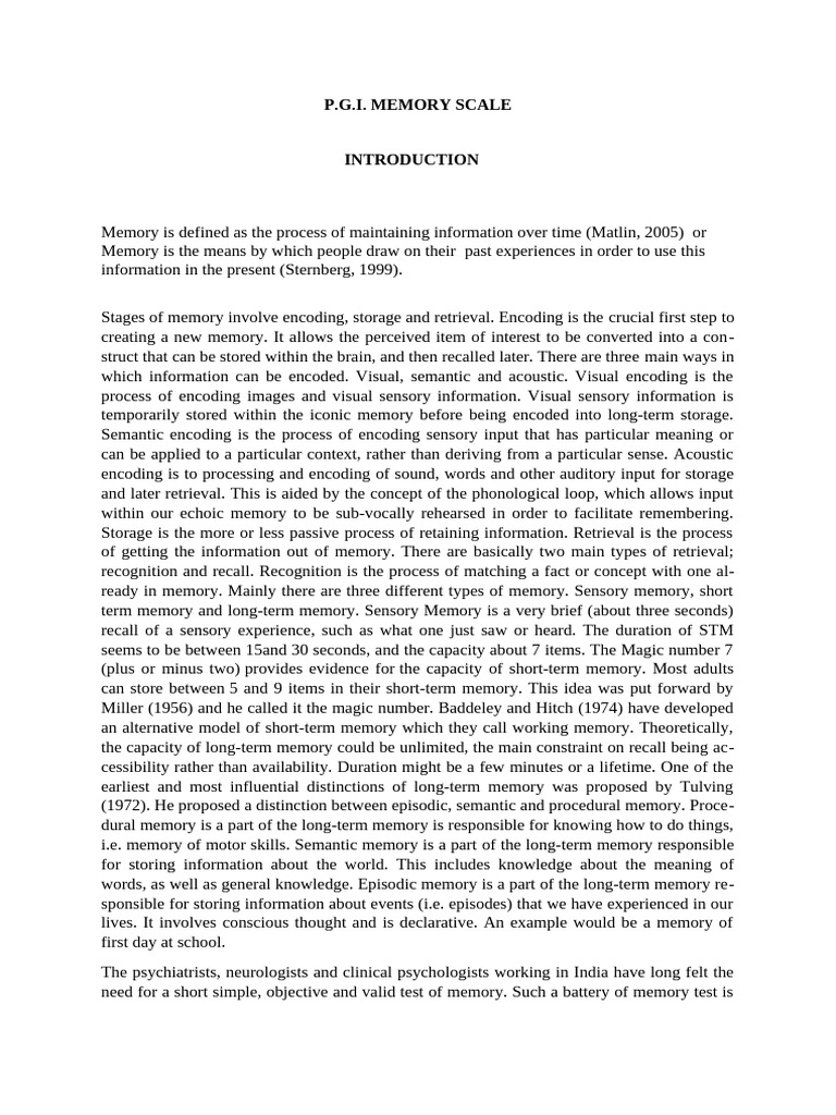 P.G.I. Memory Scale Overview and Use | PDF | Memory | Recall (Memory)