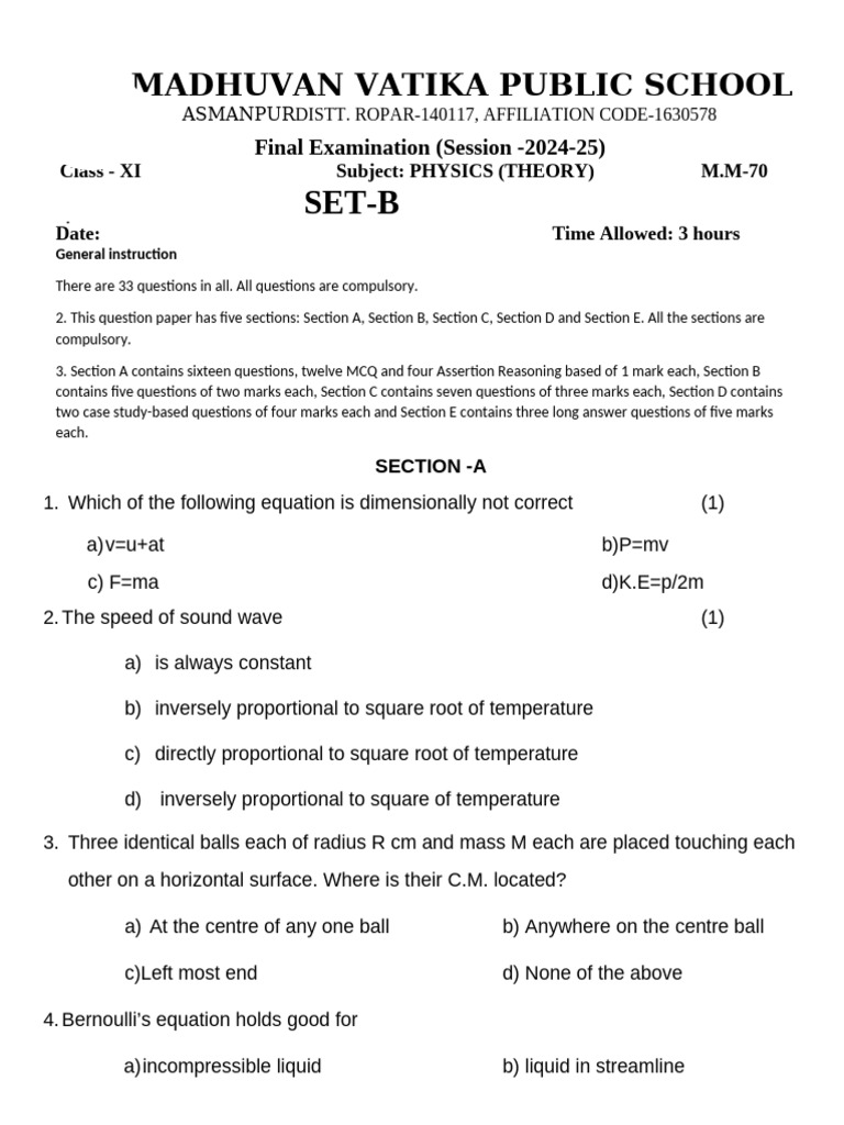 Class XI Physics Final Exam Paper 2024-25 | PDF | Collision | Momentum
