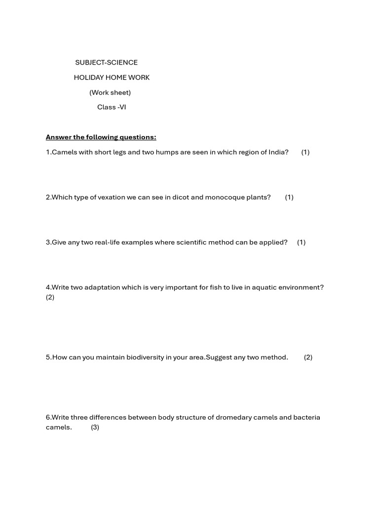 Class VI Science Holiday Homework Worksheet | PDF