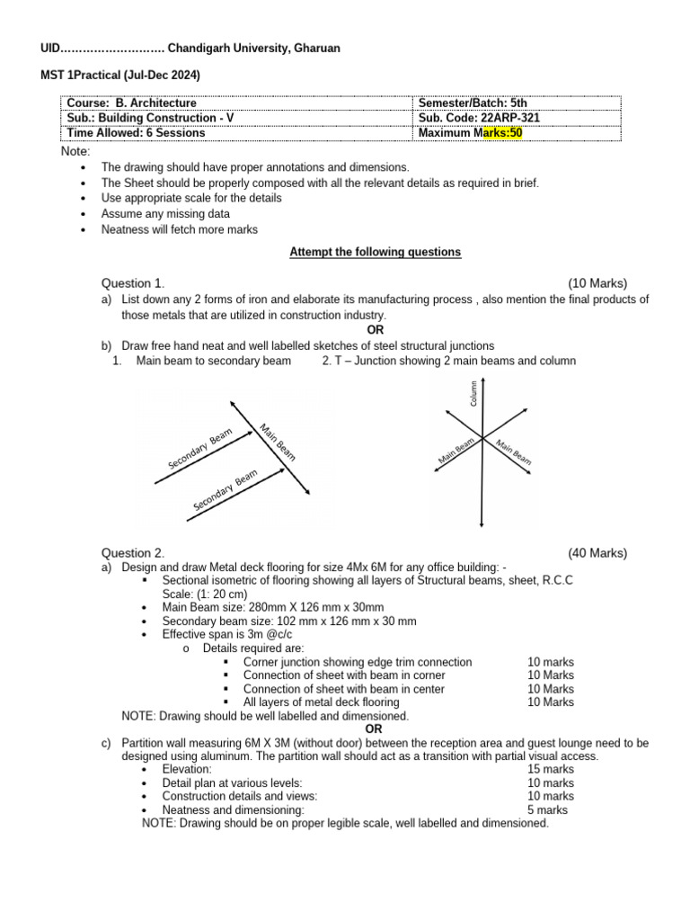 Building Construction MST 1 Practical Exam | PDF | Building Engineering
