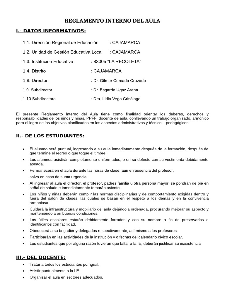Reglamento Interno del Aula 2025 | PDF | Salón de clases | Maestros